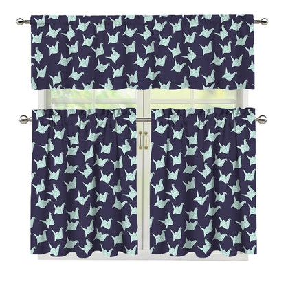 Blue Origami Crane Pattern Print 3 Piece Kitchen Curtains