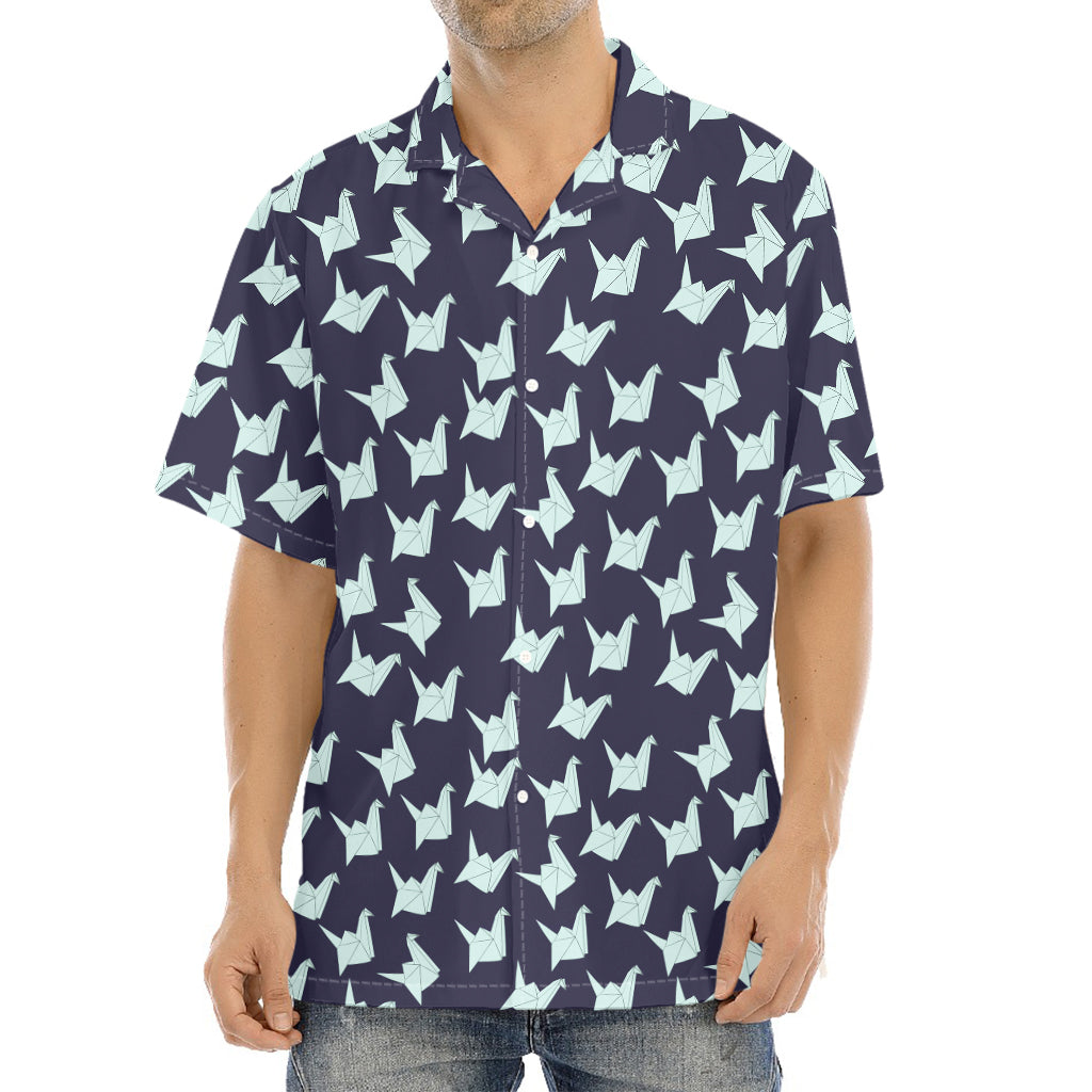 Blue Origami Crane Pattern Print Aloha Shirt