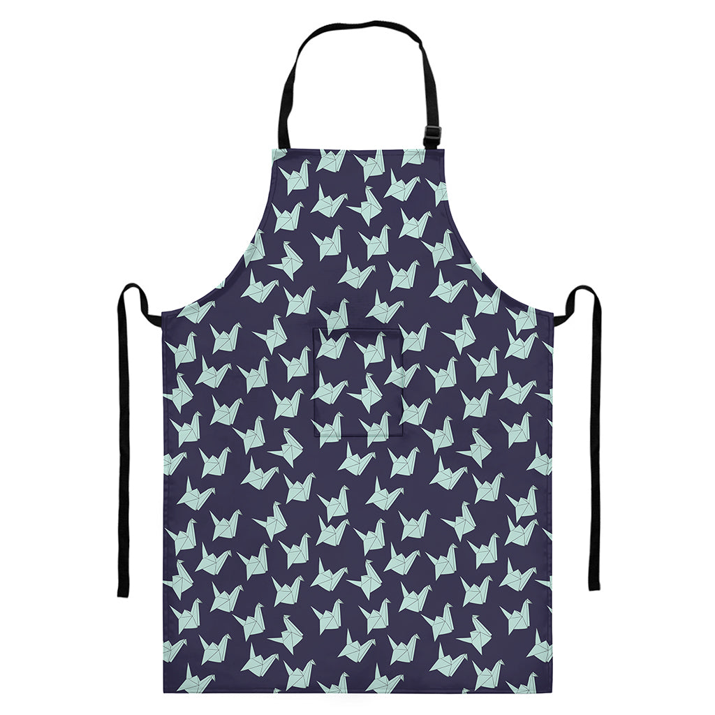 Blue Origami Crane Pattern Print Bib Apron With Pocket