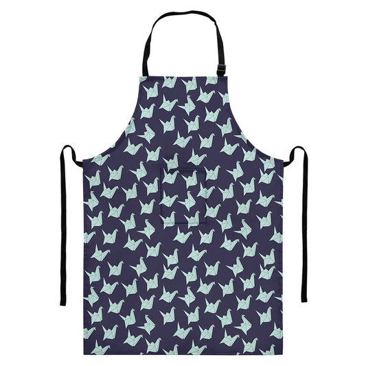 Blue Origami Crane Pattern Print Bib Apron With Pocket