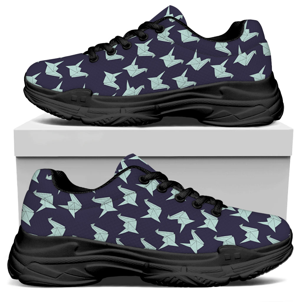 Blue Origami Crane Pattern Print Black Chunky Shoes