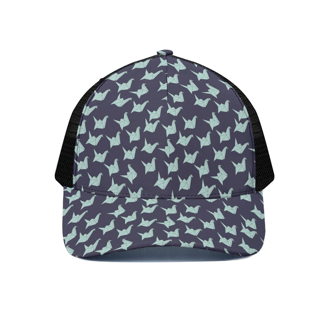 Blue Origami Crane Pattern Print Black Mesh Trucker Cap