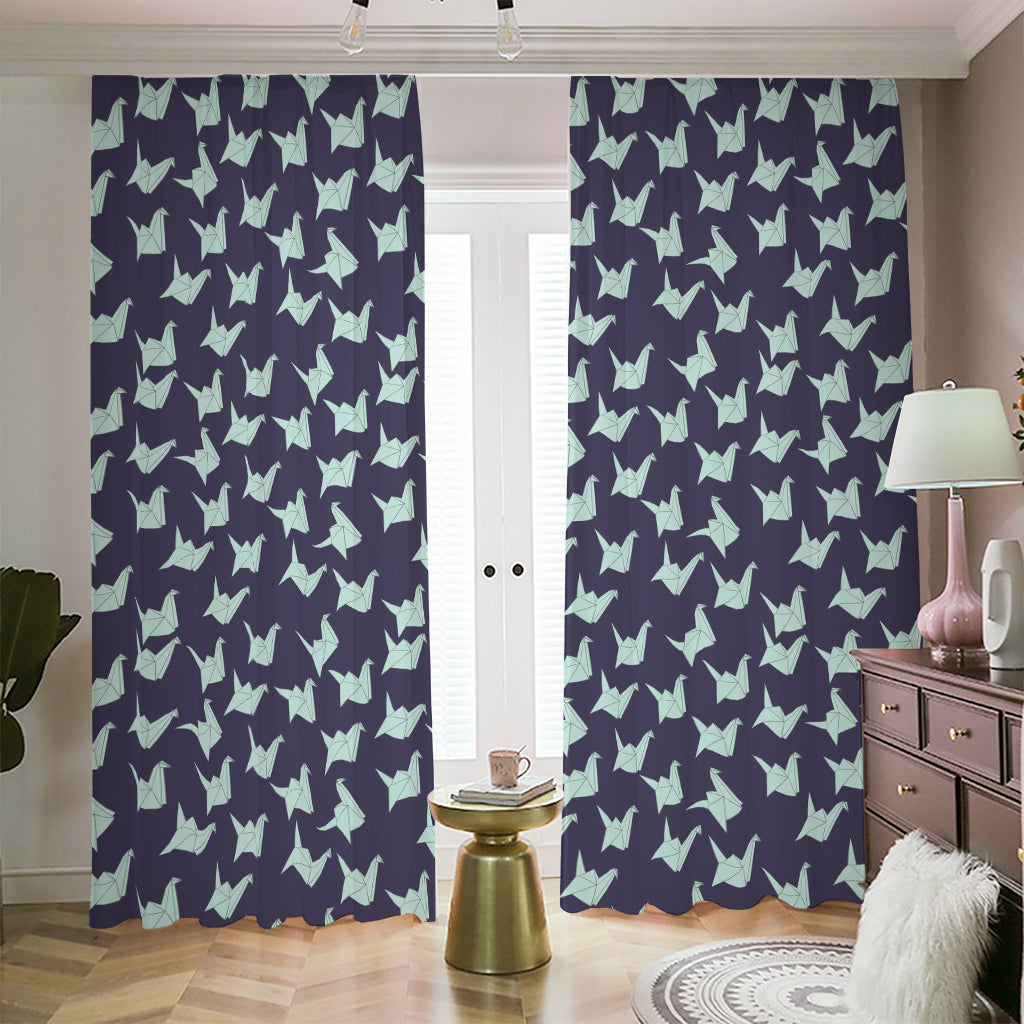 Blue Origami Crane Pattern Print Blackout Pencil Pleat Curtains