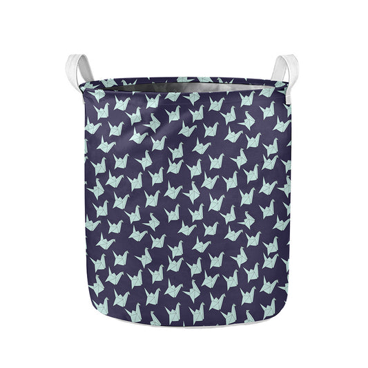 Blue Origami Crane Pattern Print Collapsible Laundry Basket
