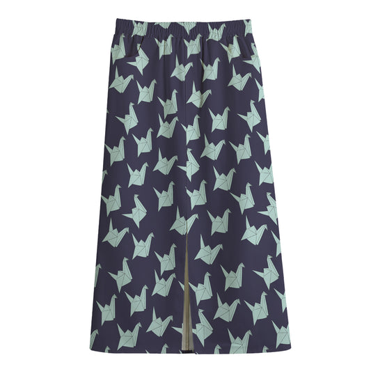 Blue Origami Crane Pattern Print Cotton Front Slit Maxi Skirt