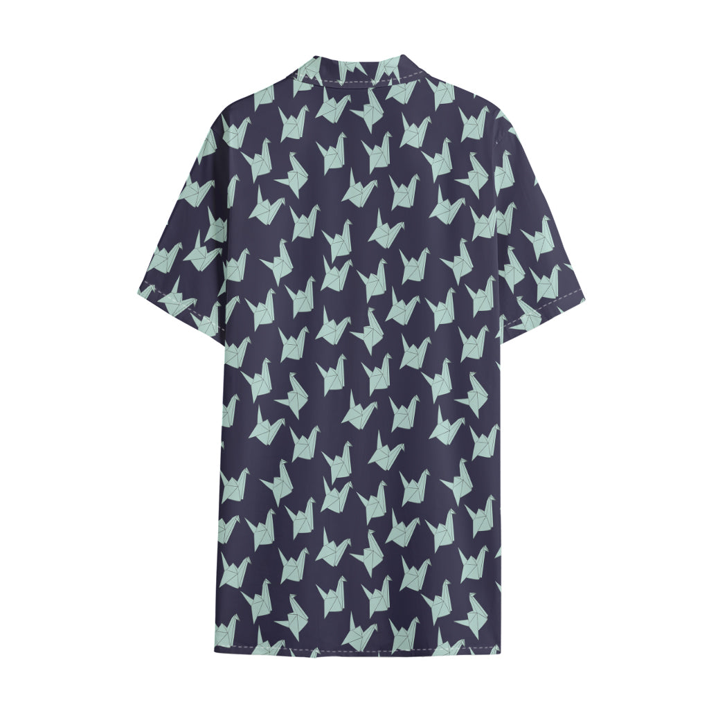 Blue Origami Crane Pattern Print Cotton Hawaiian Shirt