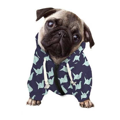 Blue Origami Crane Pattern Print Dog Zip Up Hoodie