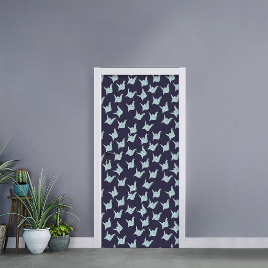 Blue Origami Crane Pattern Print Door Sticker