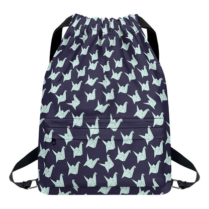 Blue Origami Crane Pattern Print Drawstring Backpack