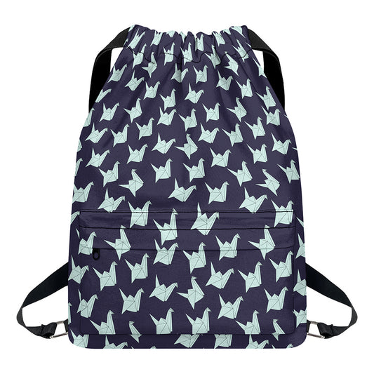 Blue Origami Crane Pattern Print Drawstring Backpack