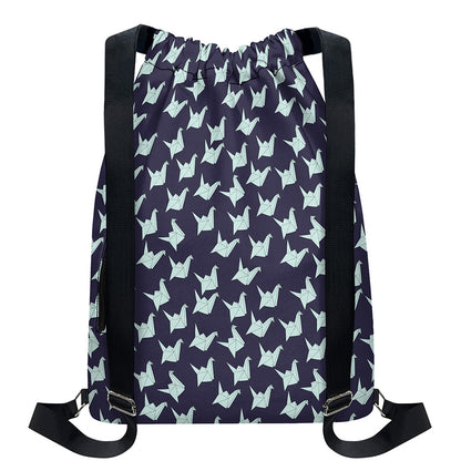 Blue Origami Crane Pattern Print Drawstring Backpack