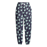 Blue Origami Crane Pattern Print Fleece Lined Knit Pants