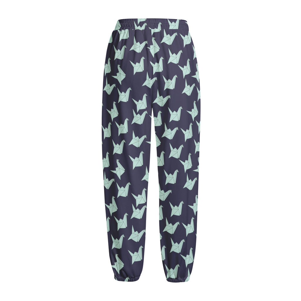 Blue Origami Crane Pattern Print Fleece Lined Knit Pants