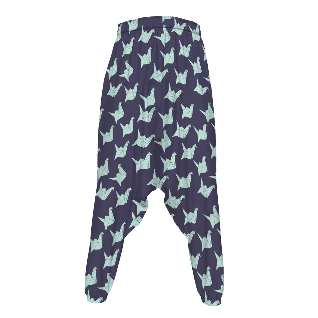 Blue Origami Crane Pattern Print Hammer Pants