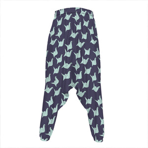 Blue Origami Crane Pattern Print Hammer Pants