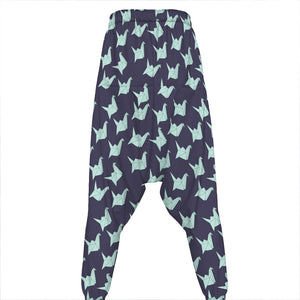 Blue Origami Crane Pattern Print Hammer Pants