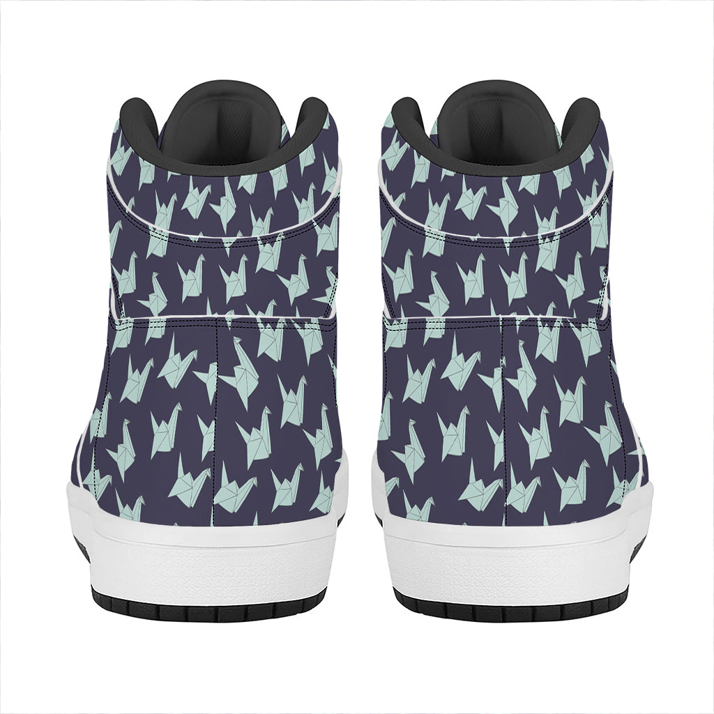 Blue Origami Crane Pattern Print High Top Leather Sneakers