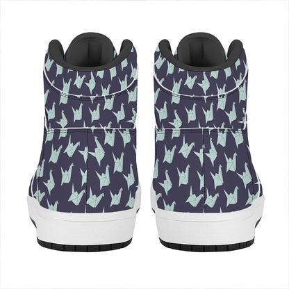 Blue Origami Crane Pattern Print High Top Leather Sneakers