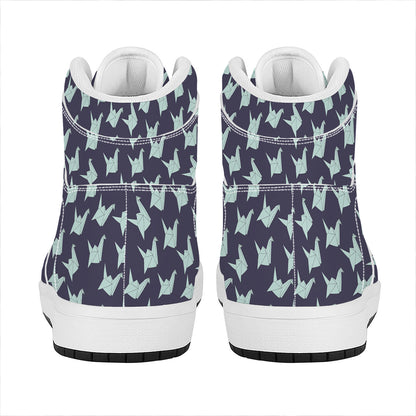Blue Origami Crane Pattern Print High Top Leather Sneakers