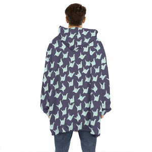 Blue Origami Crane Pattern Print Hoodie Blanket