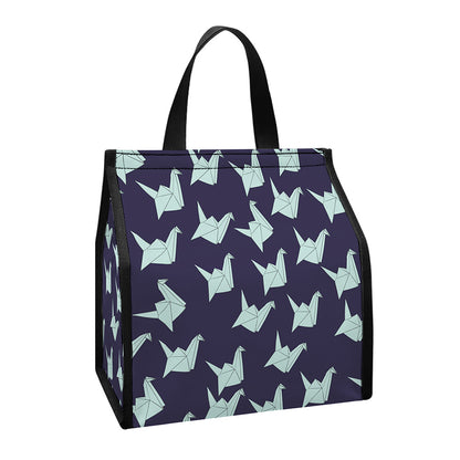 Blue Origami Crane Pattern Print Insulated Lunch Tote