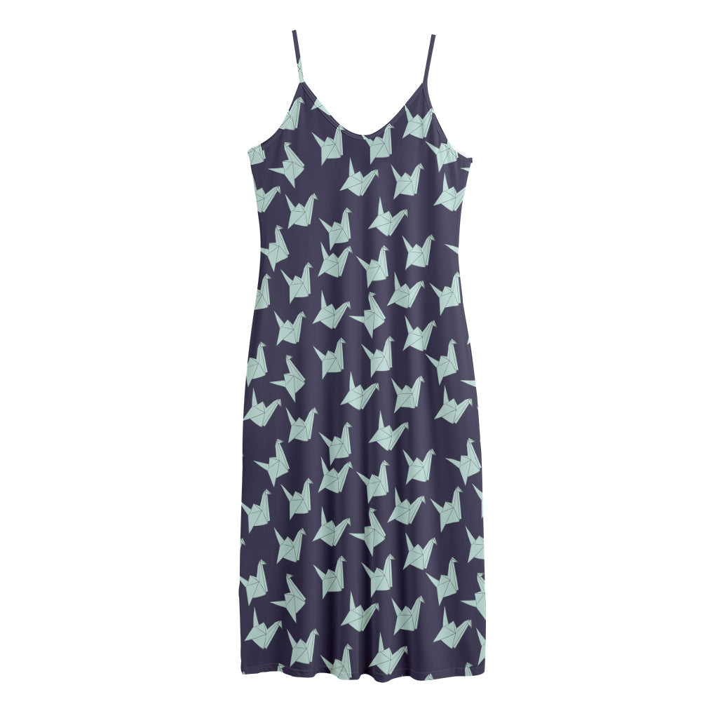 Blue Origami Crane Pattern Print Jersey Midi Cami Dress