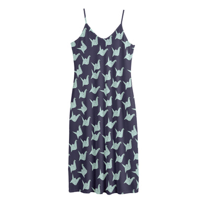 Blue Origami Crane Pattern Print Jersey Midi Cami Dress