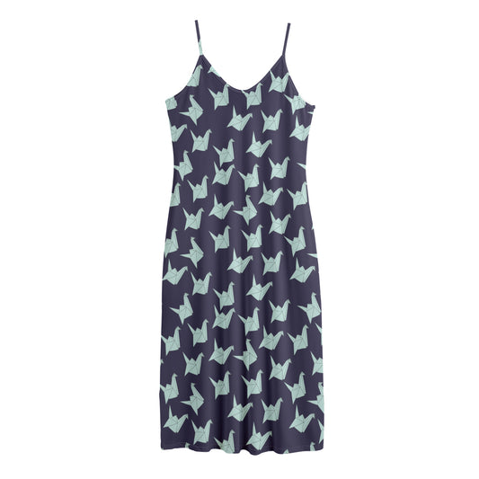 Blue Origami Crane Pattern Print Jersey Midi Cami Dress