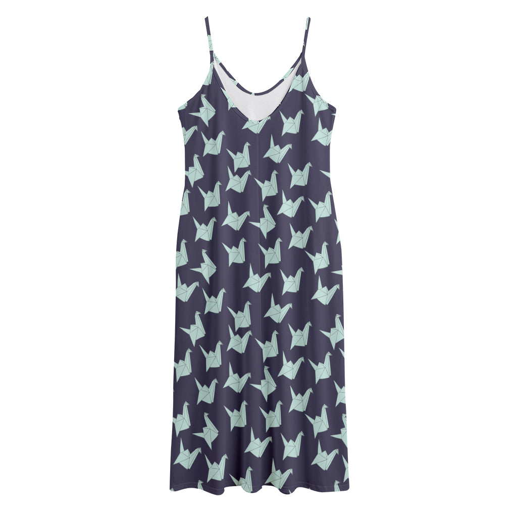 Blue Origami Crane Pattern Print Jersey Midi Cami Dress