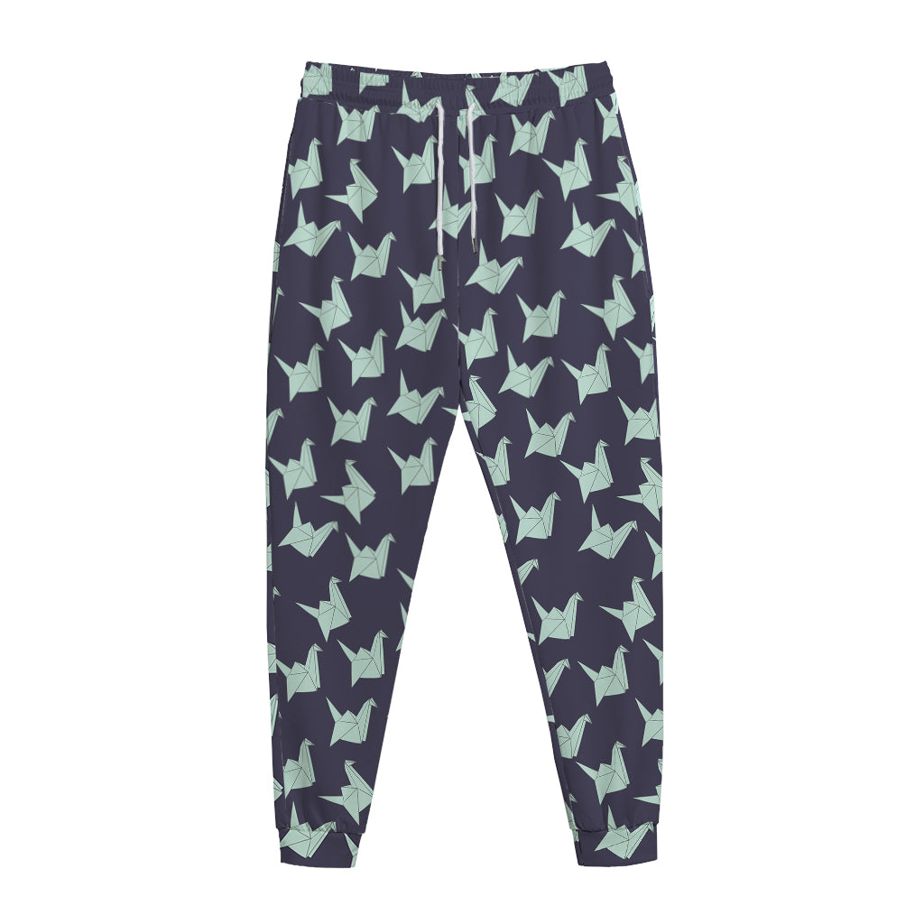 Blue Origami Crane Pattern Print Jogger Pants