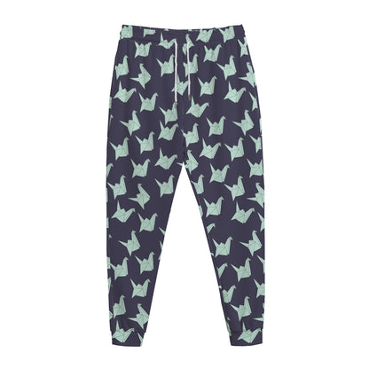 Blue Origami Crane Pattern Print Jogger Pants