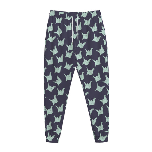 Blue Origami Crane Pattern Print Jogger Pants
