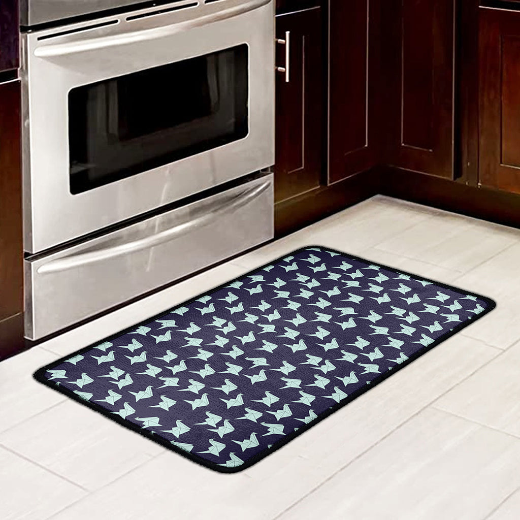 Blue Origami Crane Pattern Print Kitchen Mat