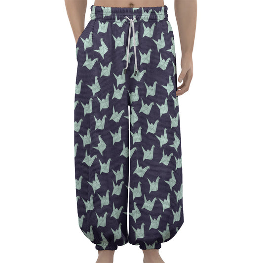 Blue Origami Crane Pattern Print Lantern Pants