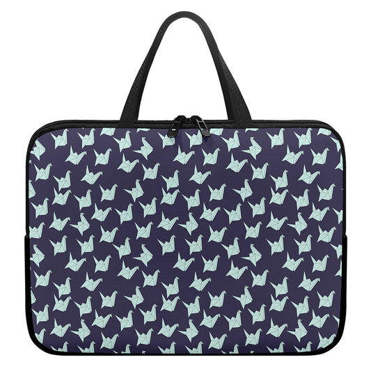 Blue Origami Crane Pattern Print Laptop Sleeve With Handle