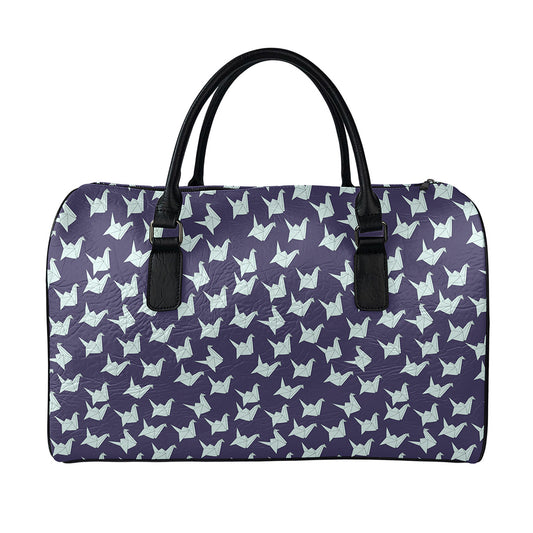 Blue Origami Crane Pattern Print Leather Duffle Bag