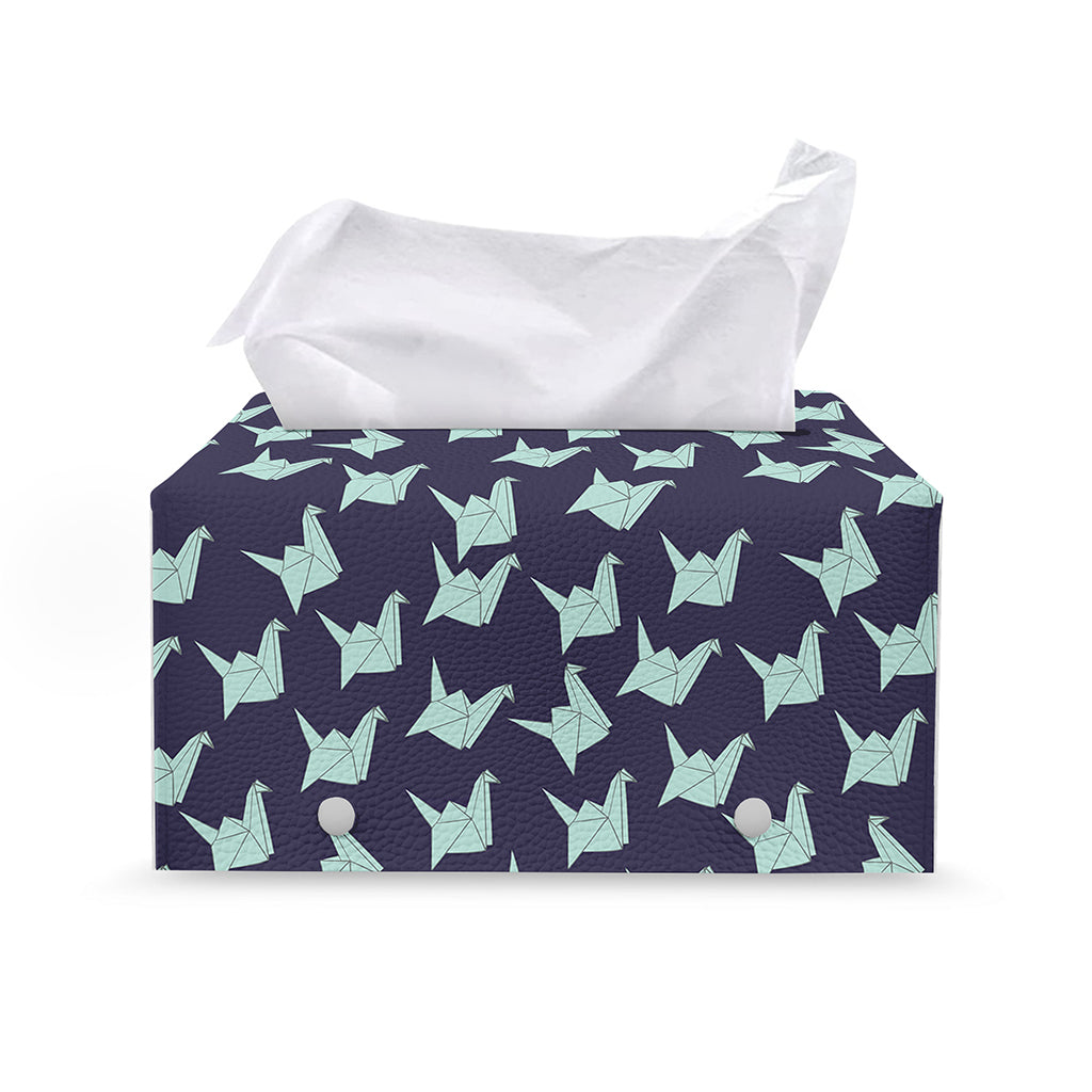 Blue Origami Crane Pattern Print Leather Tissue Box Cover
