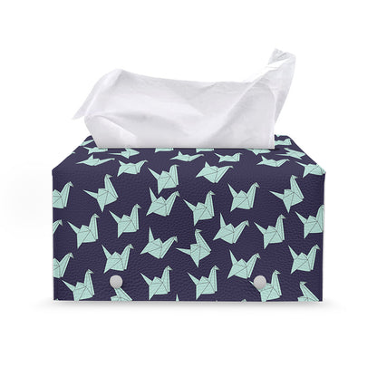Blue Origami Crane Pattern Print Leather Tissue Box Cover