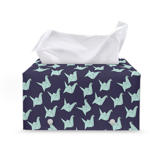 Blue Origami Crane Pattern Print Leather Tissue Box Cover