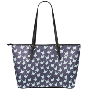 Blue Origami Crane Pattern Print Leather Tote Bag