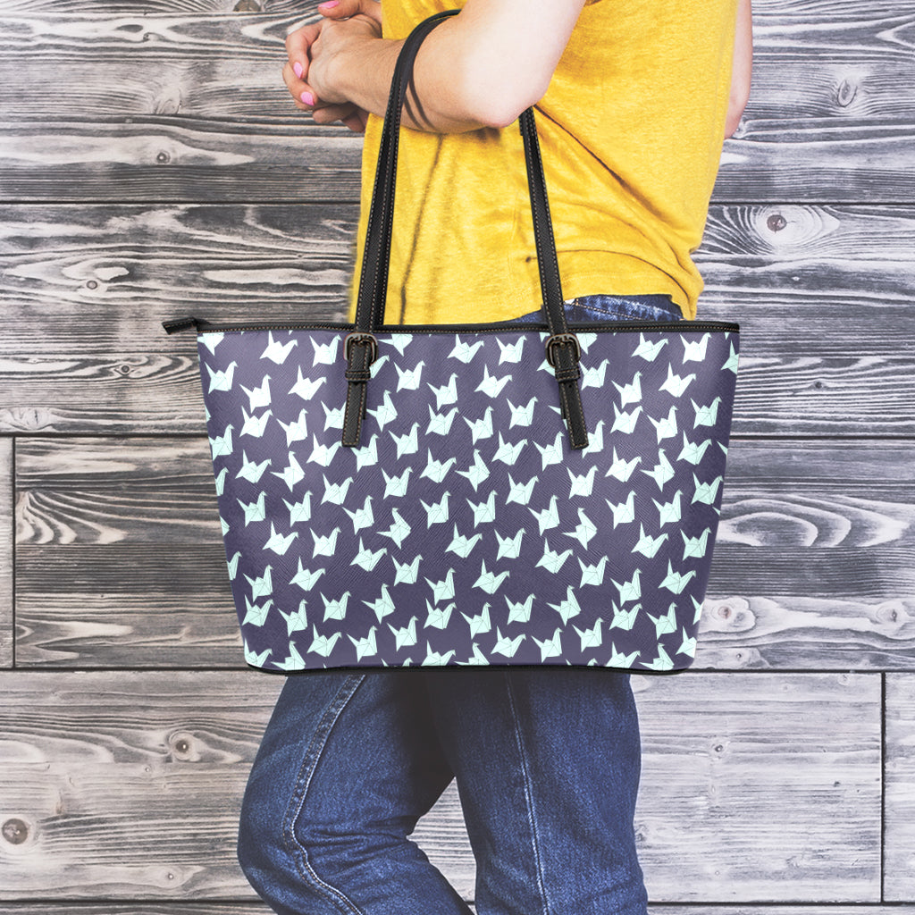 Blue Origami Crane Pattern Print Leather Tote Bag