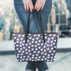 Blue Origami Crane Pattern Print Leather Tote Bag