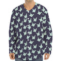 Blue Origami Crane Pattern Print Long Sleeve Baseball Jersey