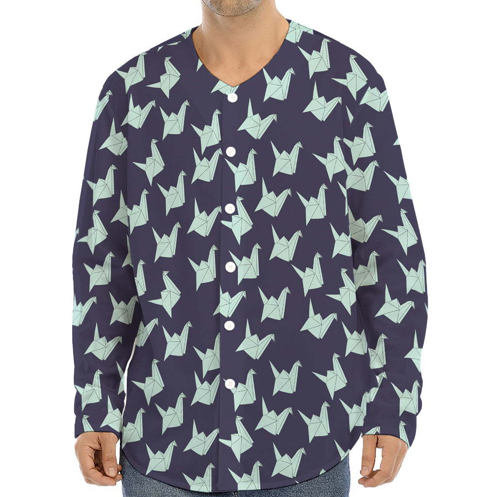 Blue Origami Crane Pattern Print Long Sleeve Baseball Jersey