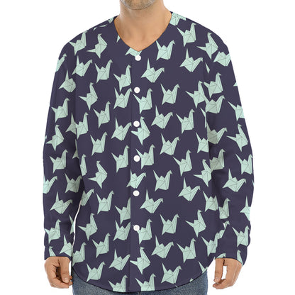 Blue Origami Crane Pattern Print Long Sleeve Baseball Jersey