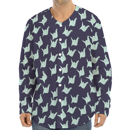 Blue Origami Crane Pattern Print Long Sleeve Baseball Jersey