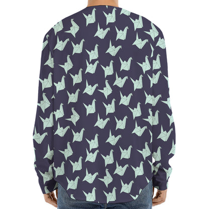 Blue Origami Crane Pattern Print Long Sleeve Baseball Jersey