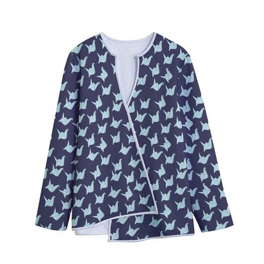 Blue Origami Crane Pattern Print Long Sleeve Short Coat