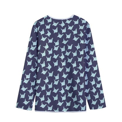 Blue Origami Crane Pattern Print Long Sleeve Short Coat
