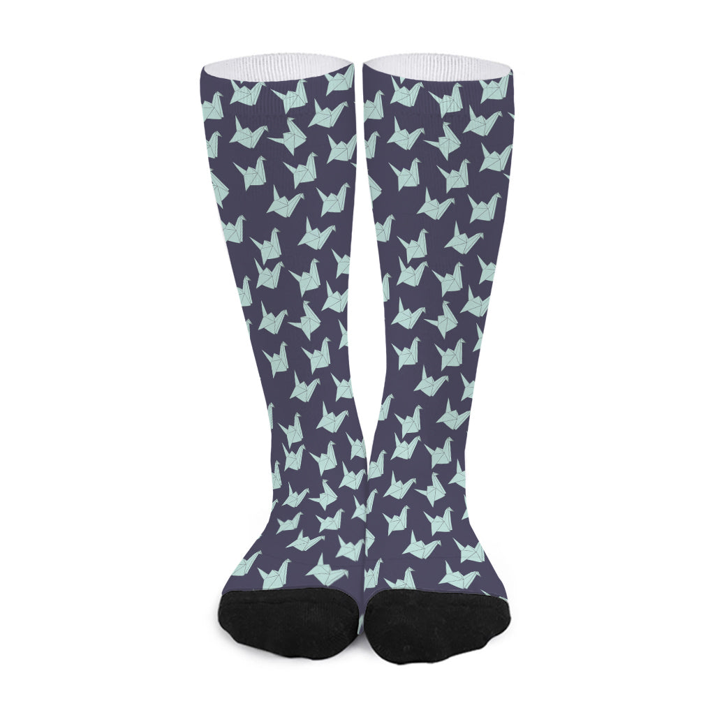 Blue Origami Crane Pattern Print Long Socks